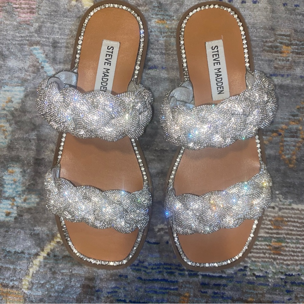 Steve Madden Newbie Silver Rhinestone Braided Sandals